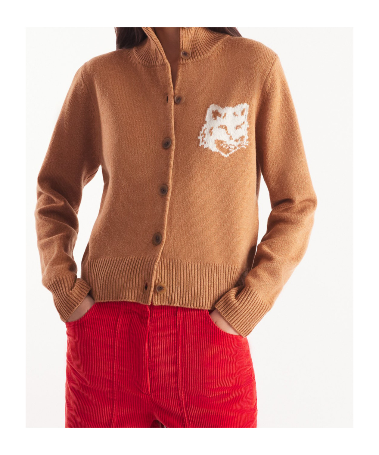 Shop Maison Kitsuné Fox Head Intarsia High-neck Cardigan In Brown