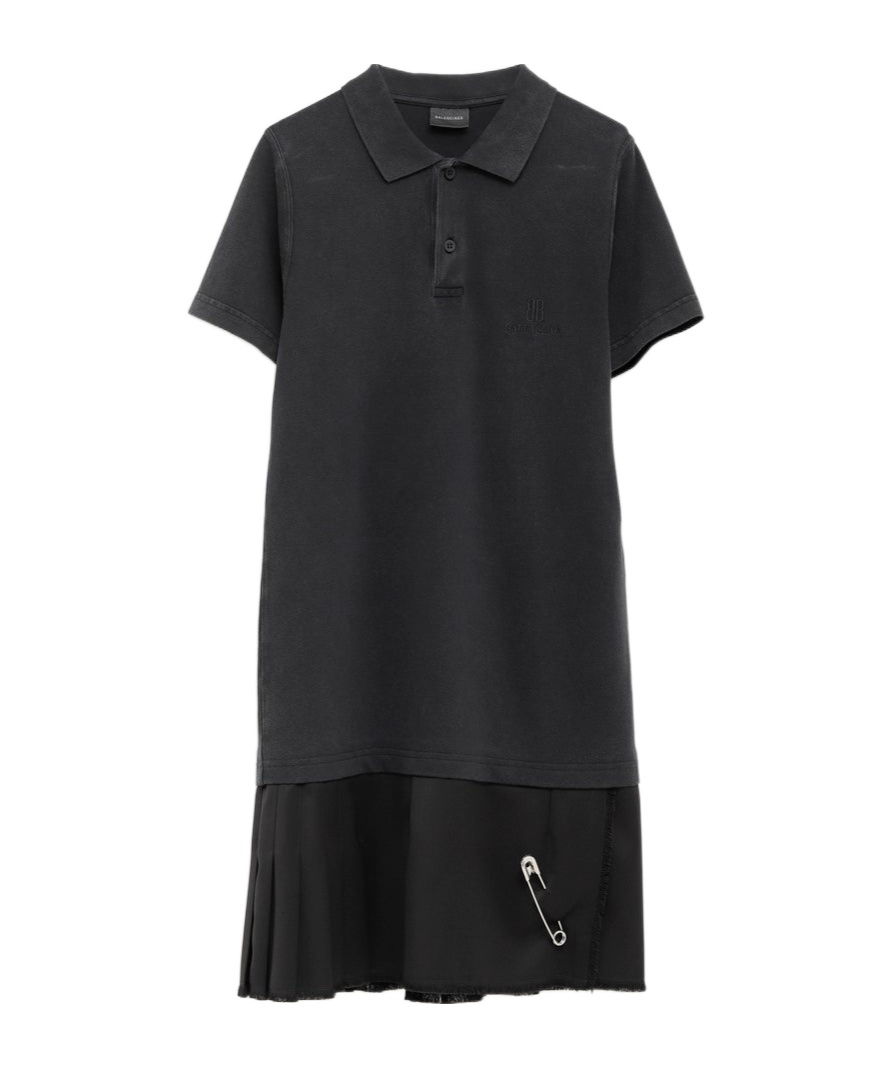 Balenciaga Black Layered Dress With Polo Shirt Style Collar And Safety Pin Detail In Cotton Woman In Black