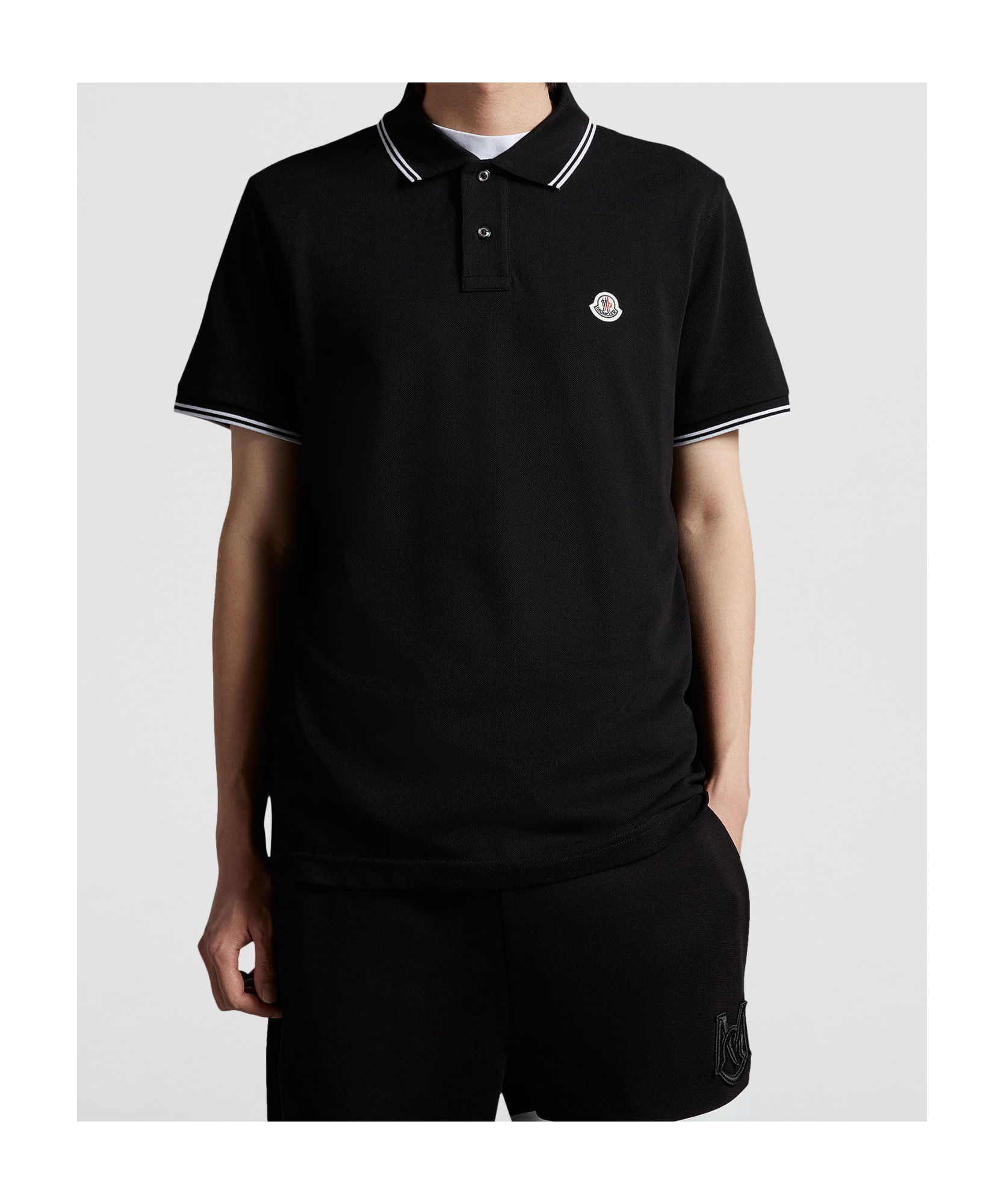 Moncler Navy Striped Trim Cotton Piquet Polo In Black