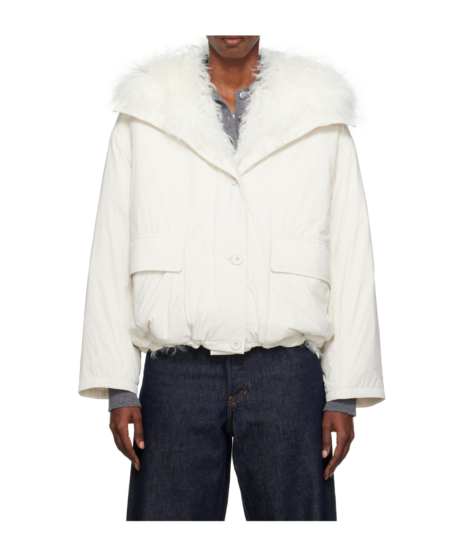 Yves Salomon Cropped Wool Down Jacket In White