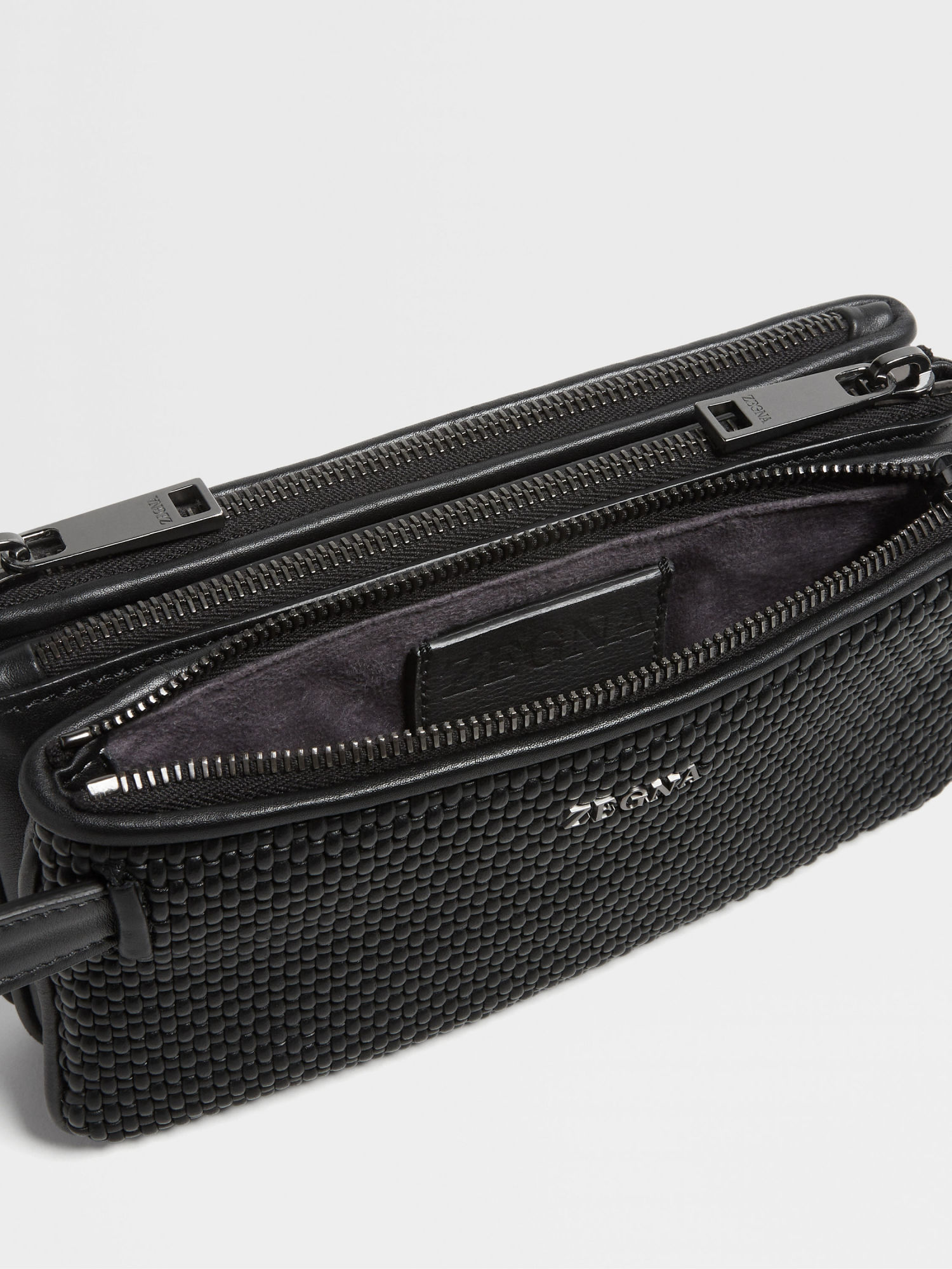 Zegna Pelletessuta Logo Lettering Triple Zip Pouch In Black