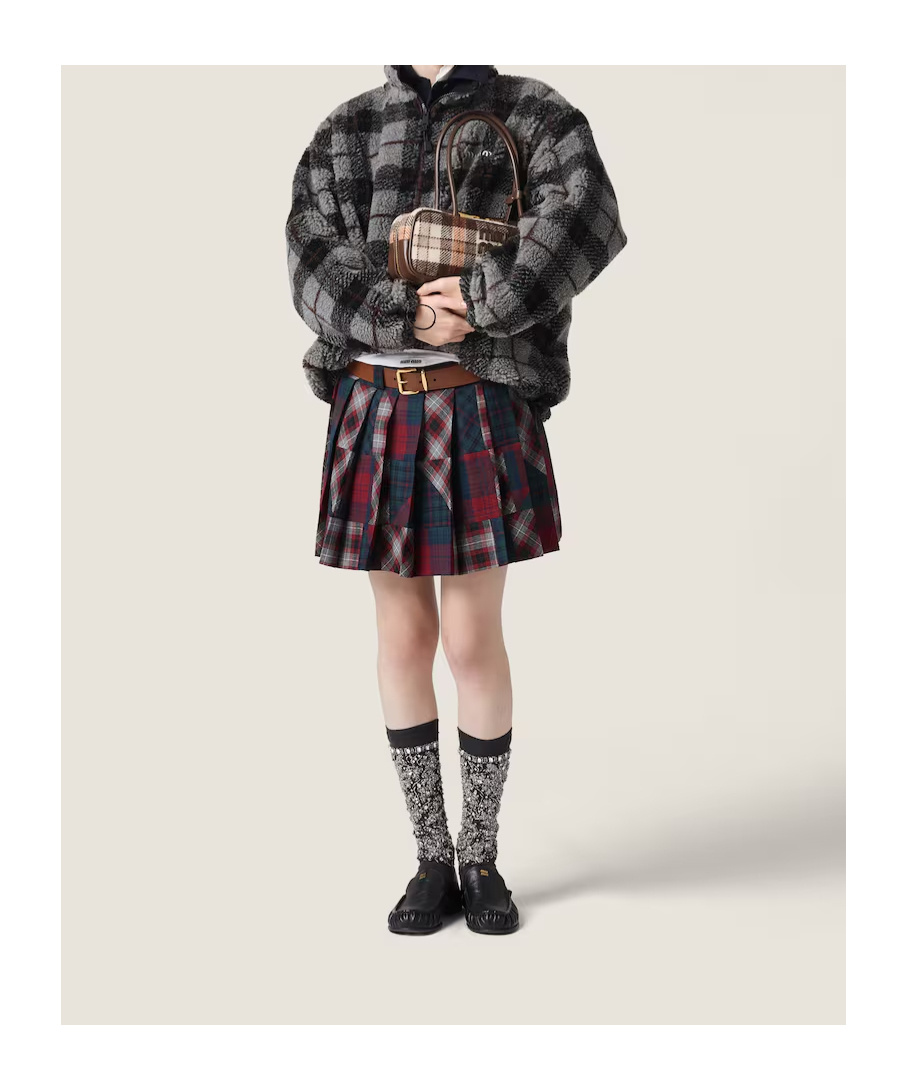 Miu Miu Pleated Plaid Patchwork Mini Skirt In Multi