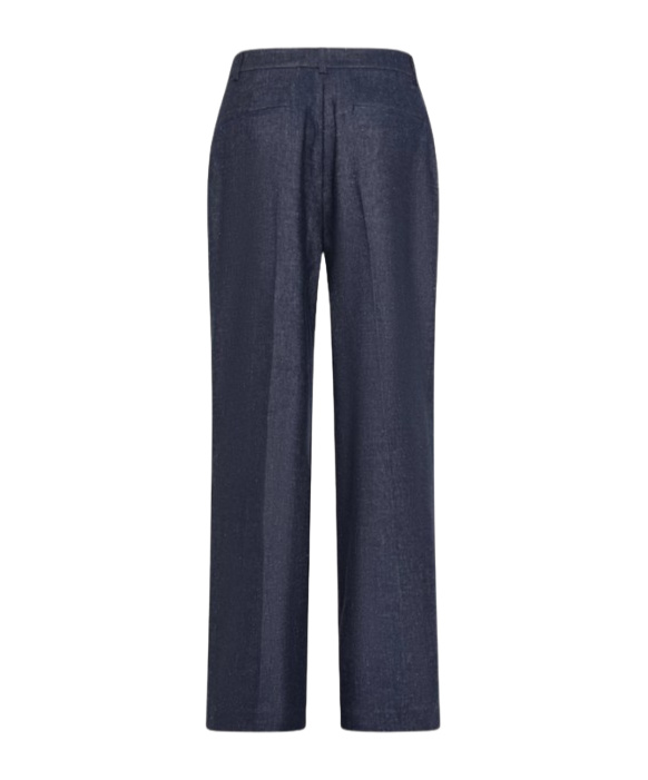 Seventy Long Double Pleated Trousers In Stretch Linen Blend Denim In Blue
