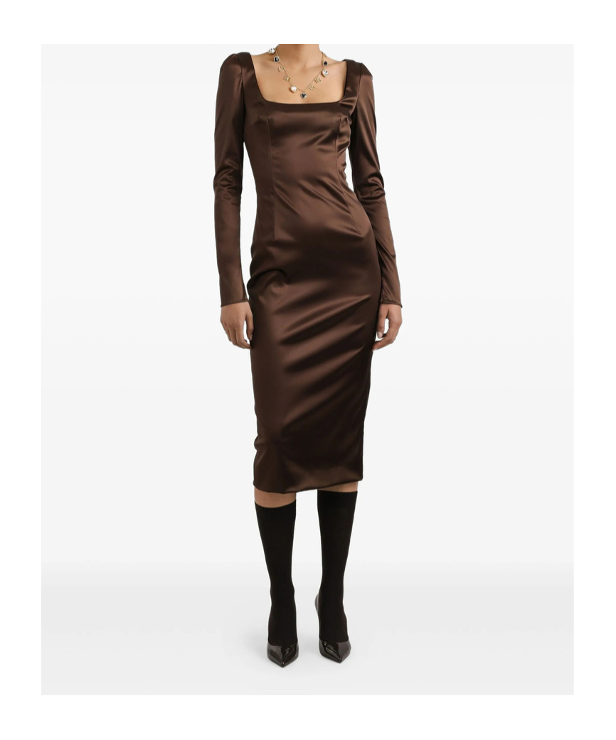 Dolce & Gabbana Long Sleeve Midi Dress With Animal Print Detail In Gold