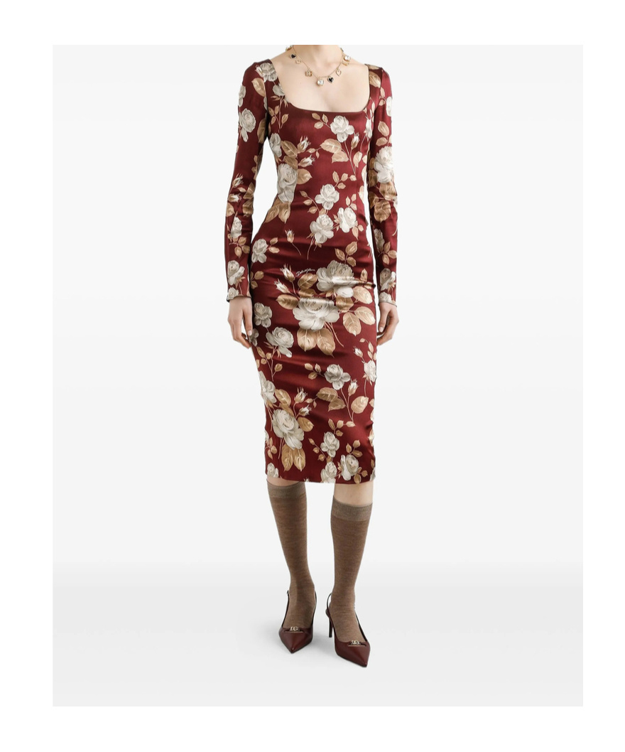 Dolce & Gabbana Floral Pattern Knee-length Dress With Long Sleeves In Multi