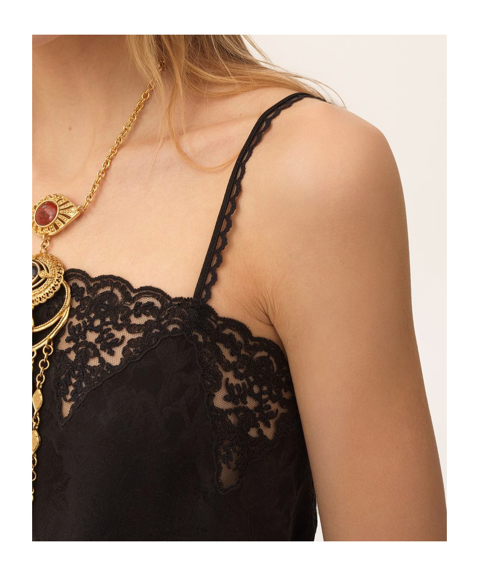 Chloé Drawstring Camisole Top In Silk Jacquard & Lace Black Size 4 100% Silk
