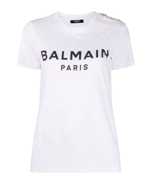 Balmain Women White Crewneck T-shirt With Logo Print And Golden Buttons In Jersey Woman In Gray