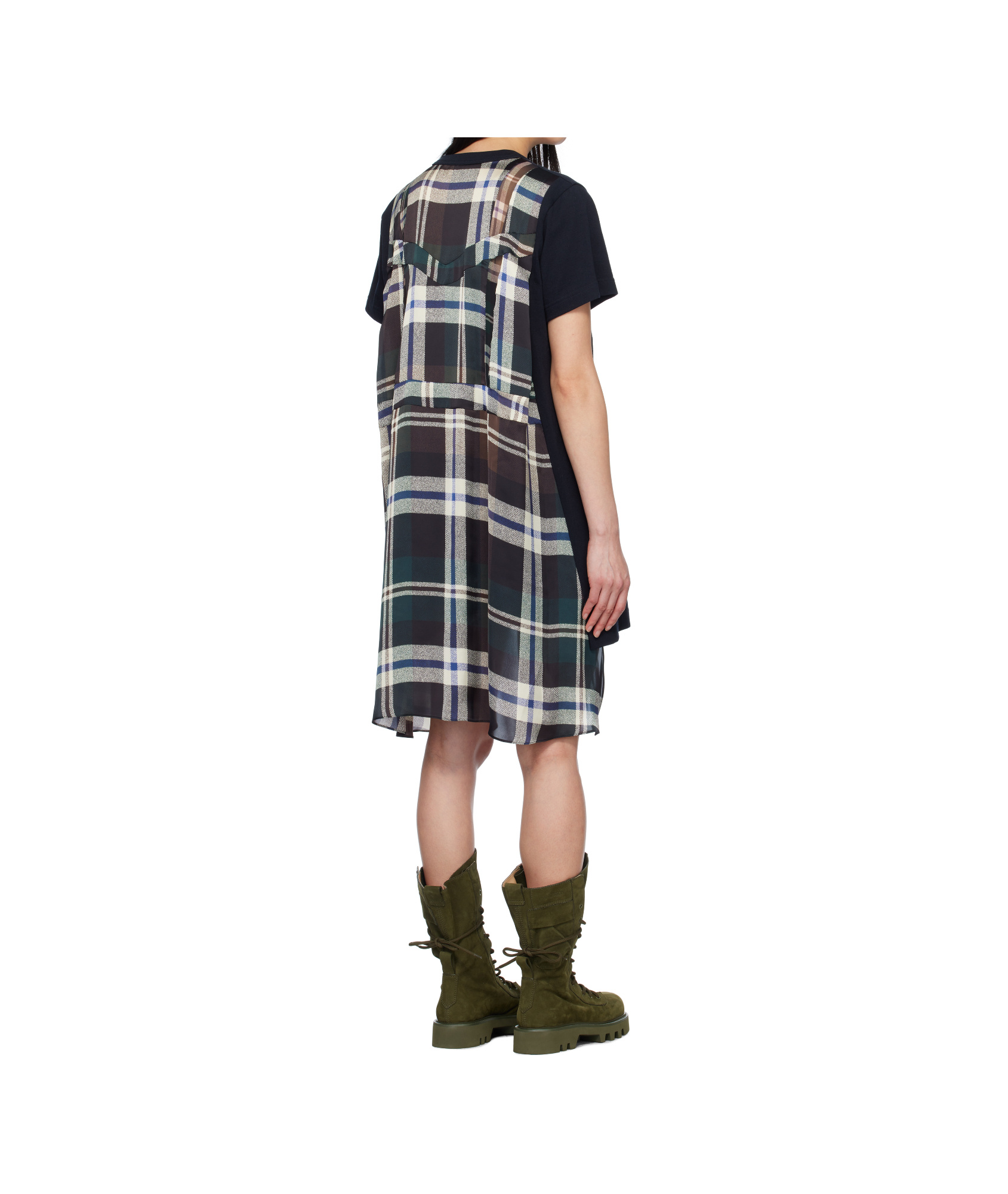 Sacai Black & Green Plaid Print Cotton Jersey Minidress In Green/brown