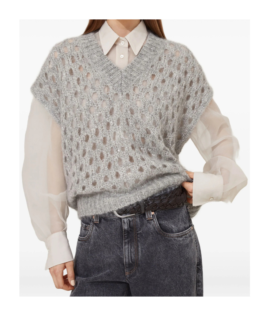 Brunello Cucinelli 3d Diamond Net Grey Silk Vest In Gray
