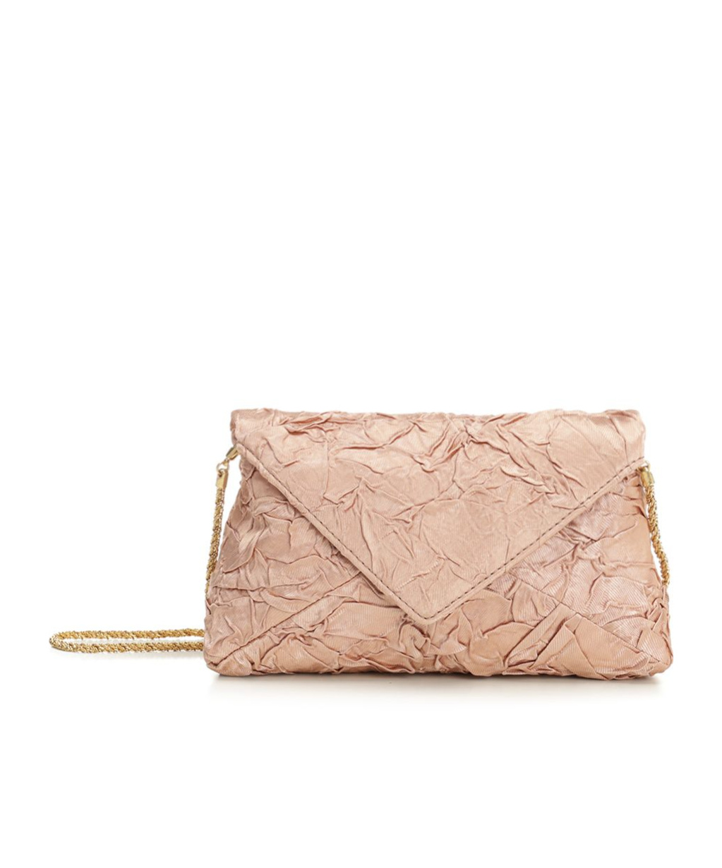 Dries Van Noten Chain Strap Crinkled Texture Envelope Flap Metallic Finish Pleated Fabric Shoulder Bag In Peach