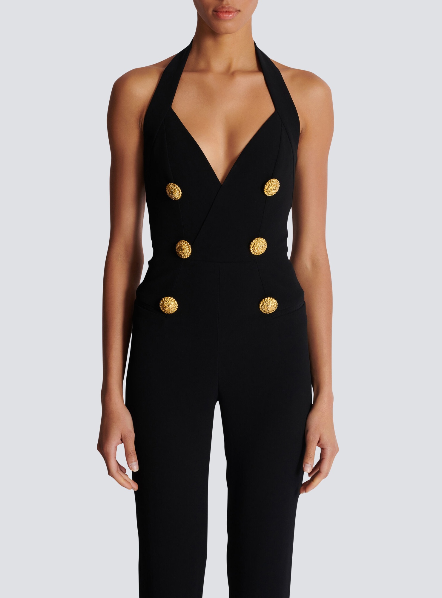 Shop Balmain Halterneck Crepe Jumpsuit In Black