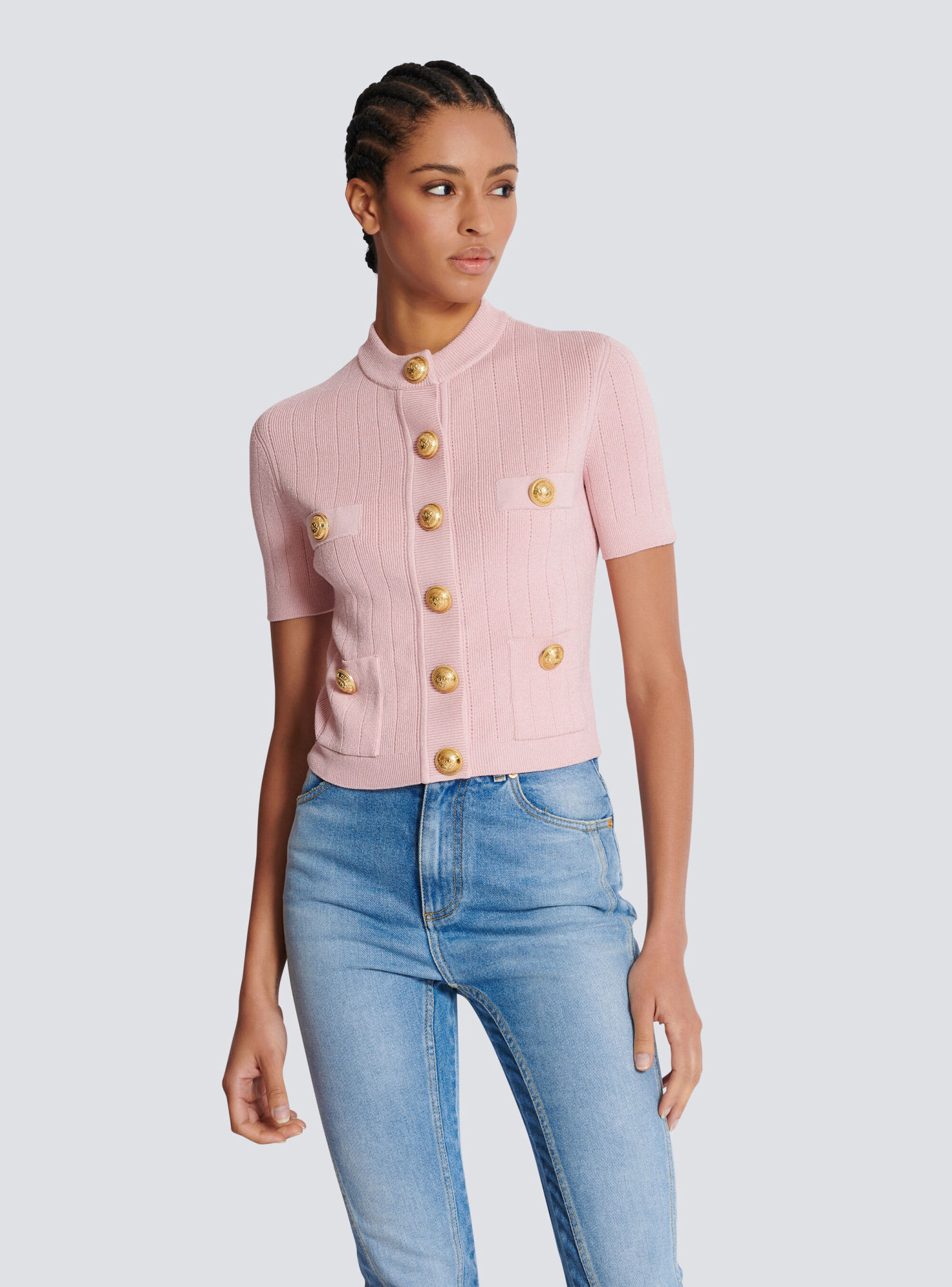 Balmain Ribbed-knit Cardigan In Pink