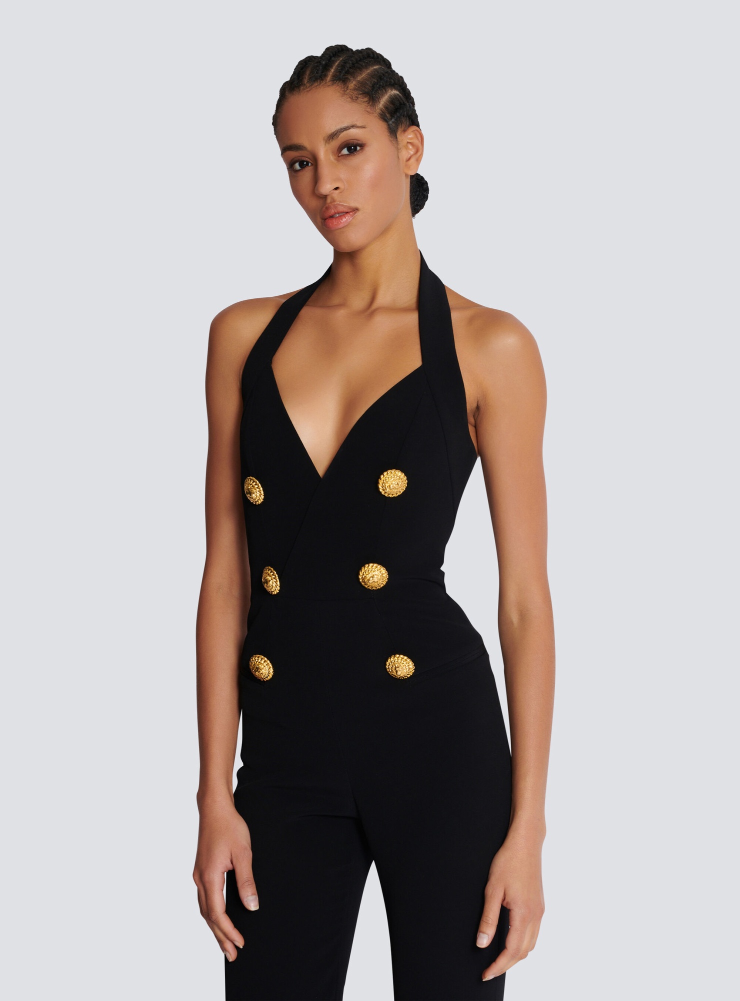 Shop Balmain Halterneck Crepe Jumpsuit In Black