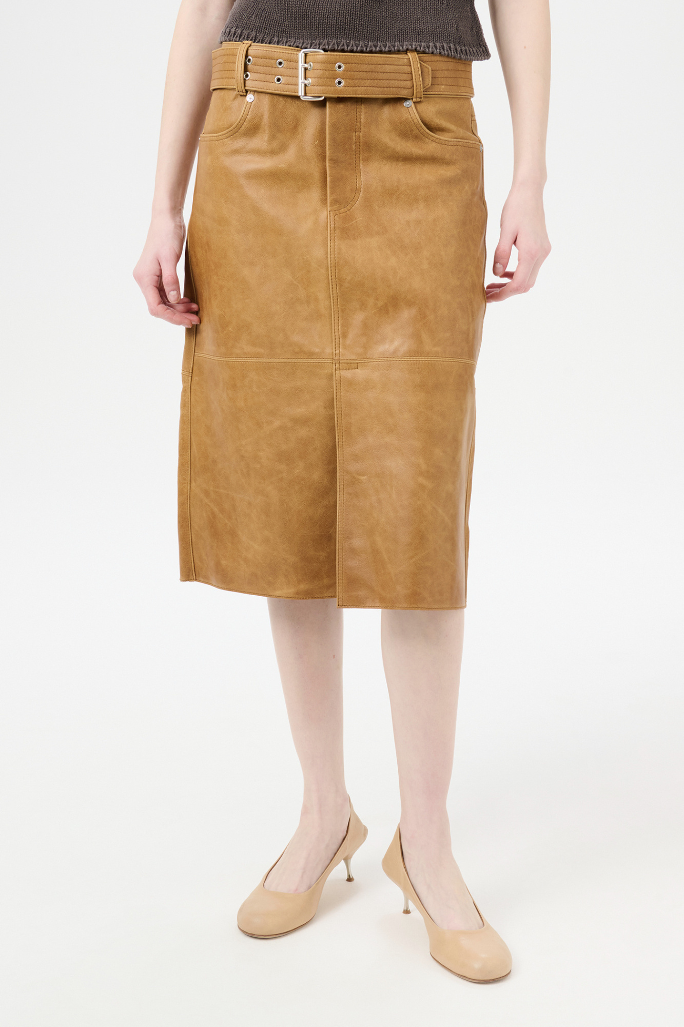 Our Legacy Belted Brown Leather Midi Skirt In Brown