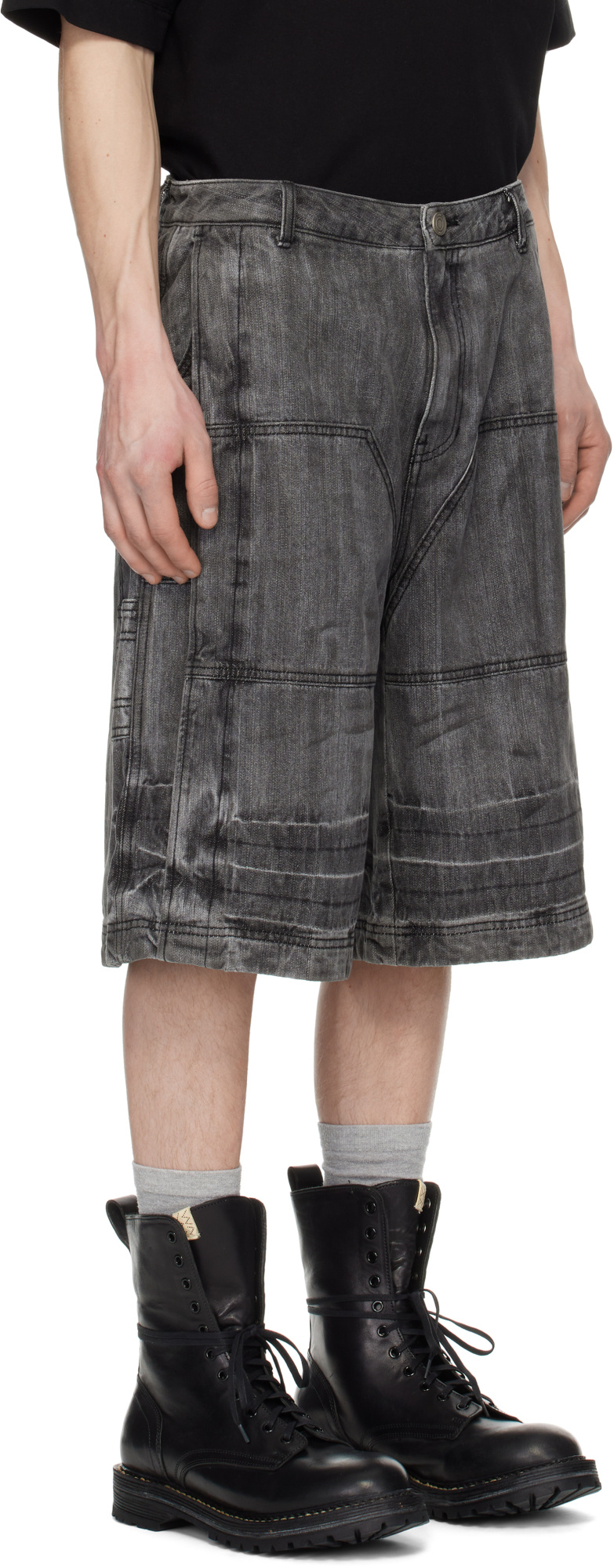 Juunj Gray Washed Long Denim Shorts In Black