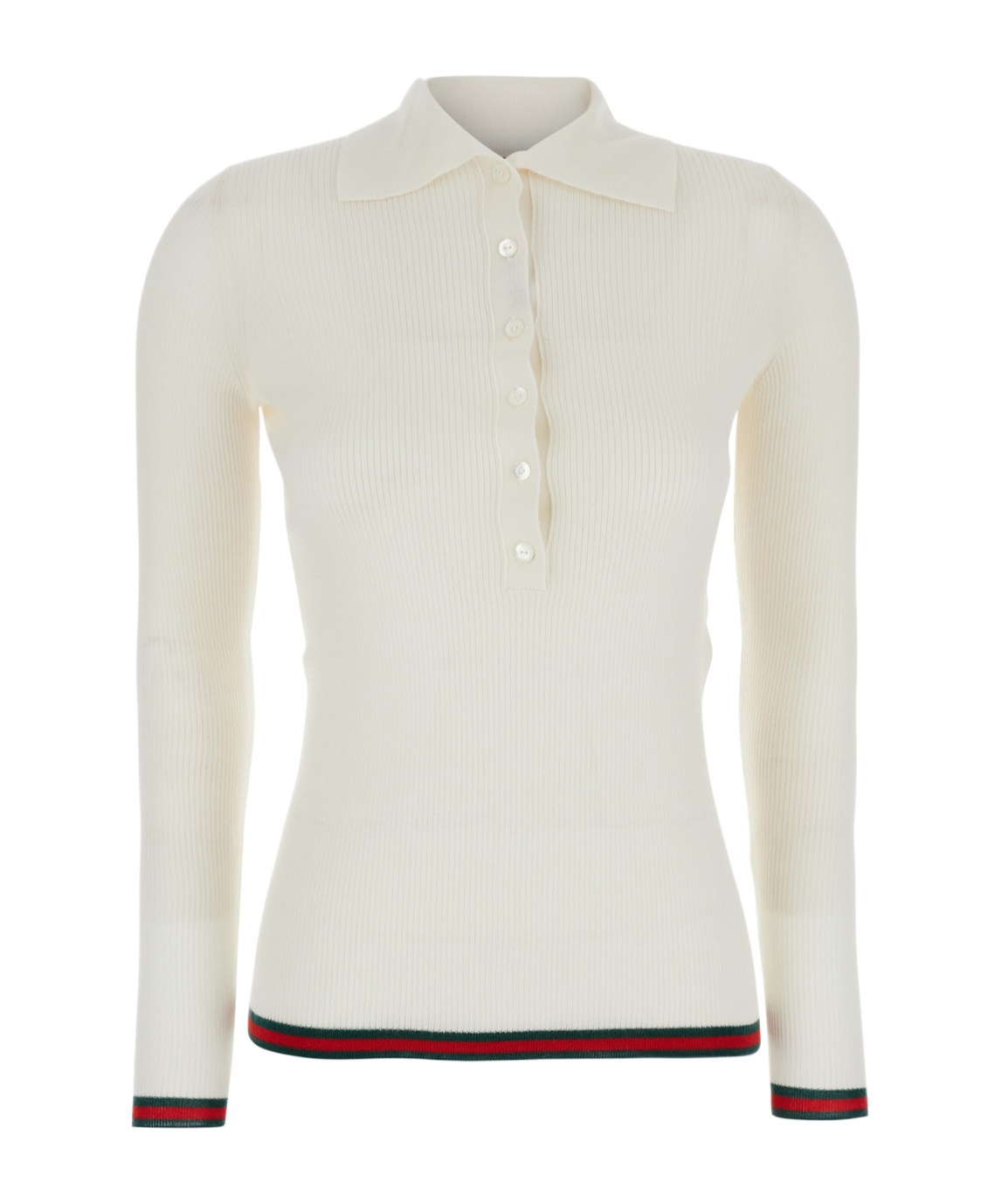 Gucci White Polo Shirt With Spread Collar And Web Detailed Trims In Cashmere And Silk Blend Woman In White