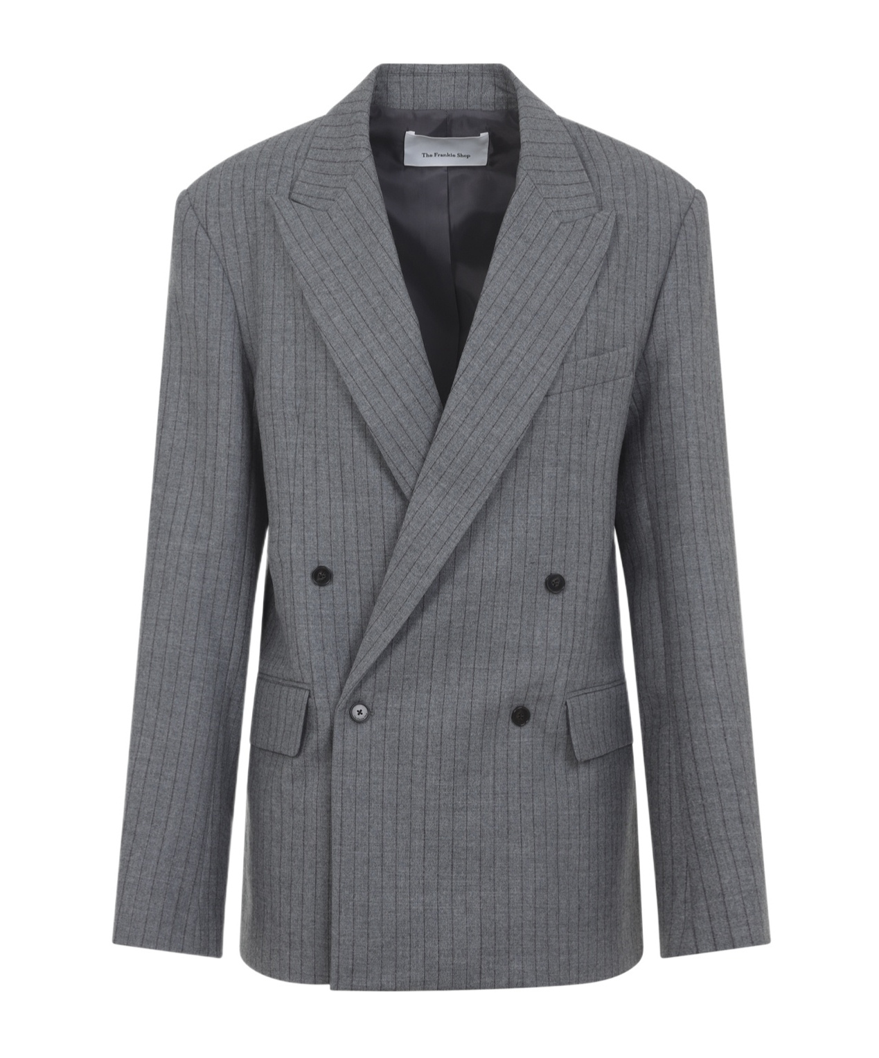 The Frankie Shop Double-breasted Pinstripe Blazer With Wide Lapels In Gray