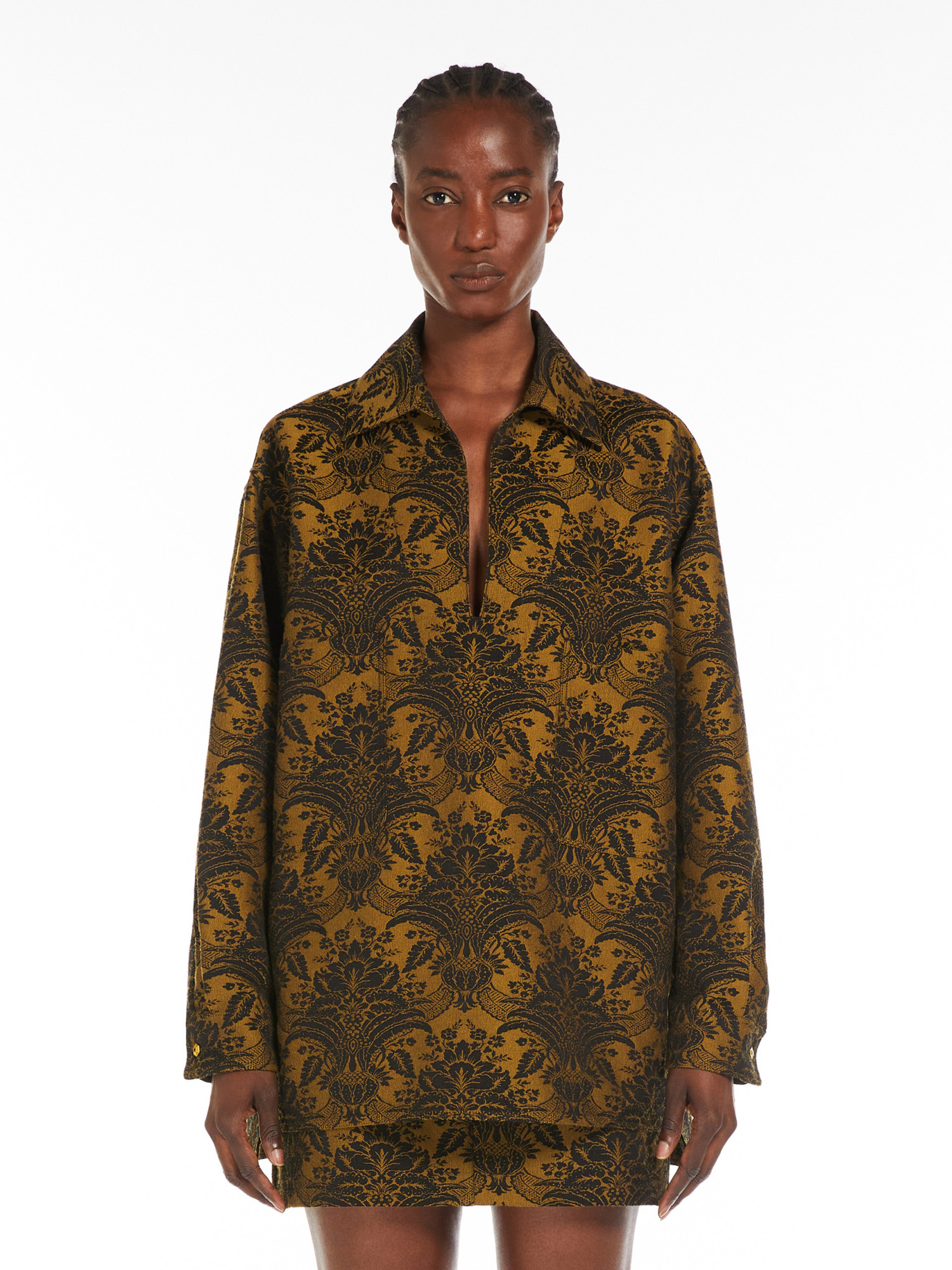 Max Mara Large Outline Jacquard Wool Coat In Brown