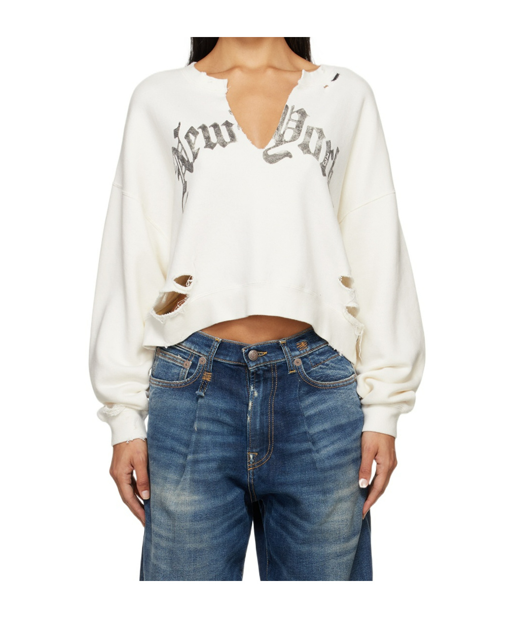 R13 New York Cropped Crew Neck Sweatshirt With Front Slit Ecru In White