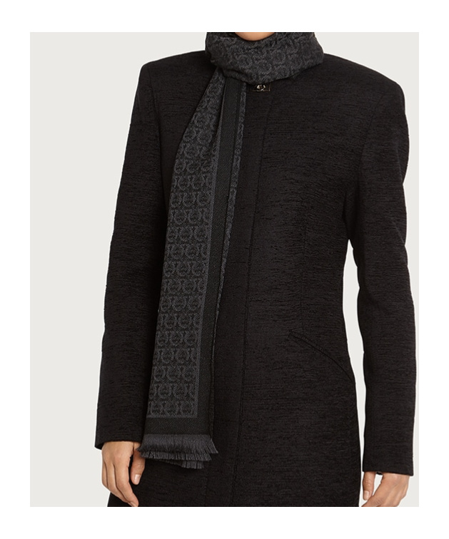 Ferragamo Black Wool Gancini Scarf In Black