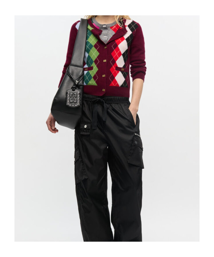 Ganni Burgundy Checked Cardigan In Cashmere Blend Women In Multi