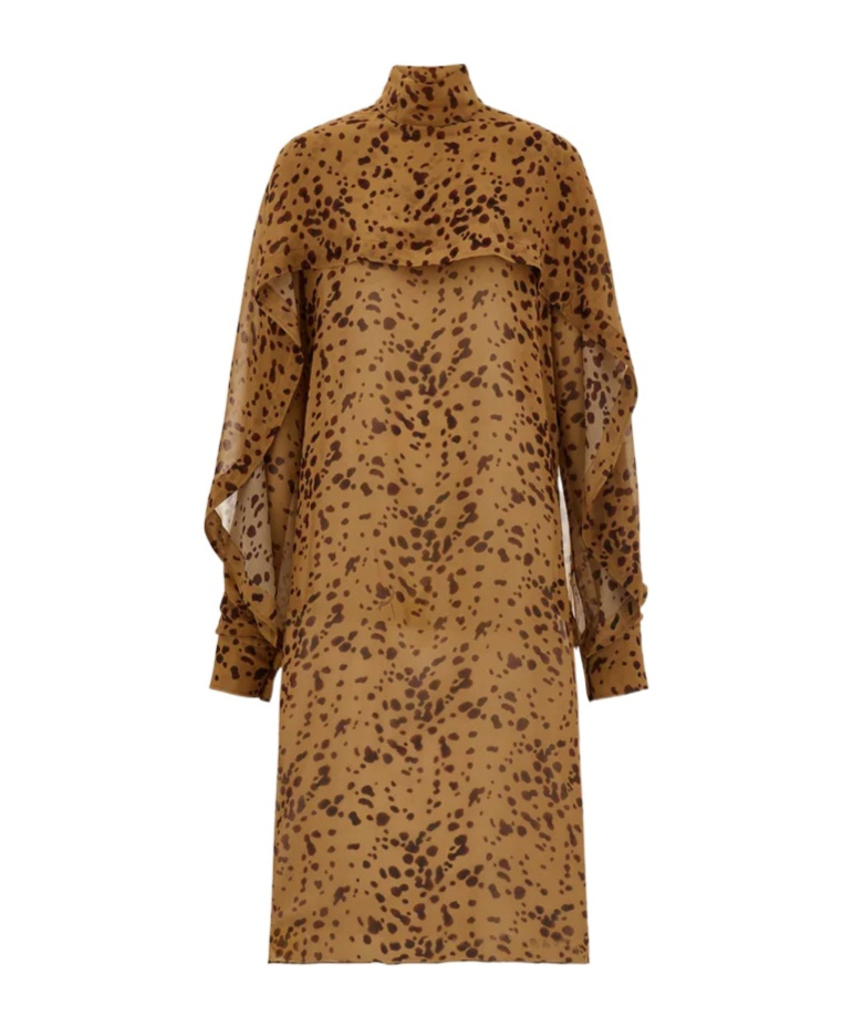 Ferragamo Orchid Print Silk Cape Midi Dress In Brown