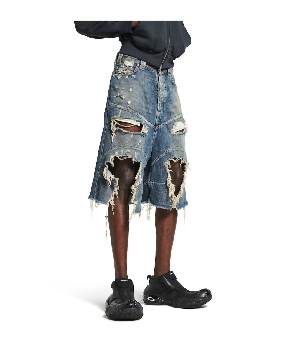 Balenciaga Men's Distressed Baggy Shorts In Blue In Blue
