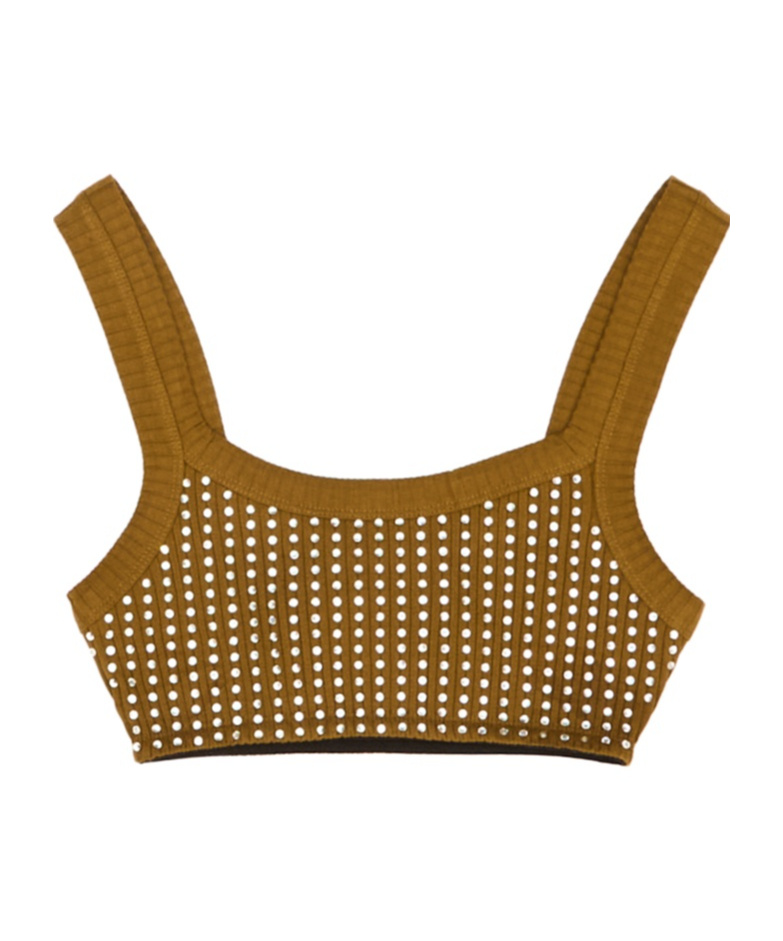 Attico Crystal Square Neckline Sleeveless Cropped Top In Brown