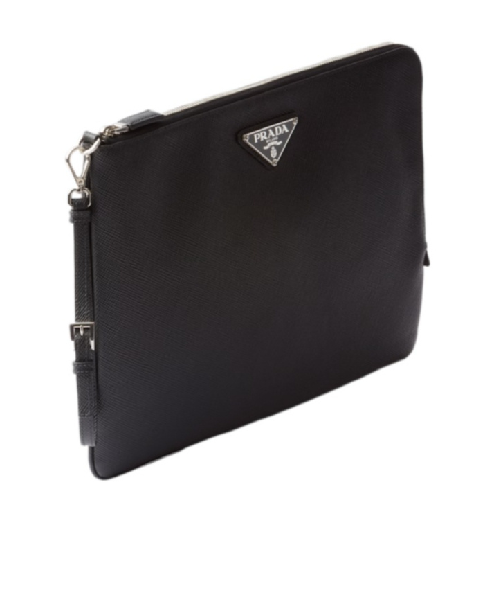 Prada Triangle Logo Leather Clutch Bag In Black