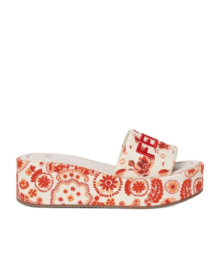 Fendi Camelia And Red Canvas Flatform Slides