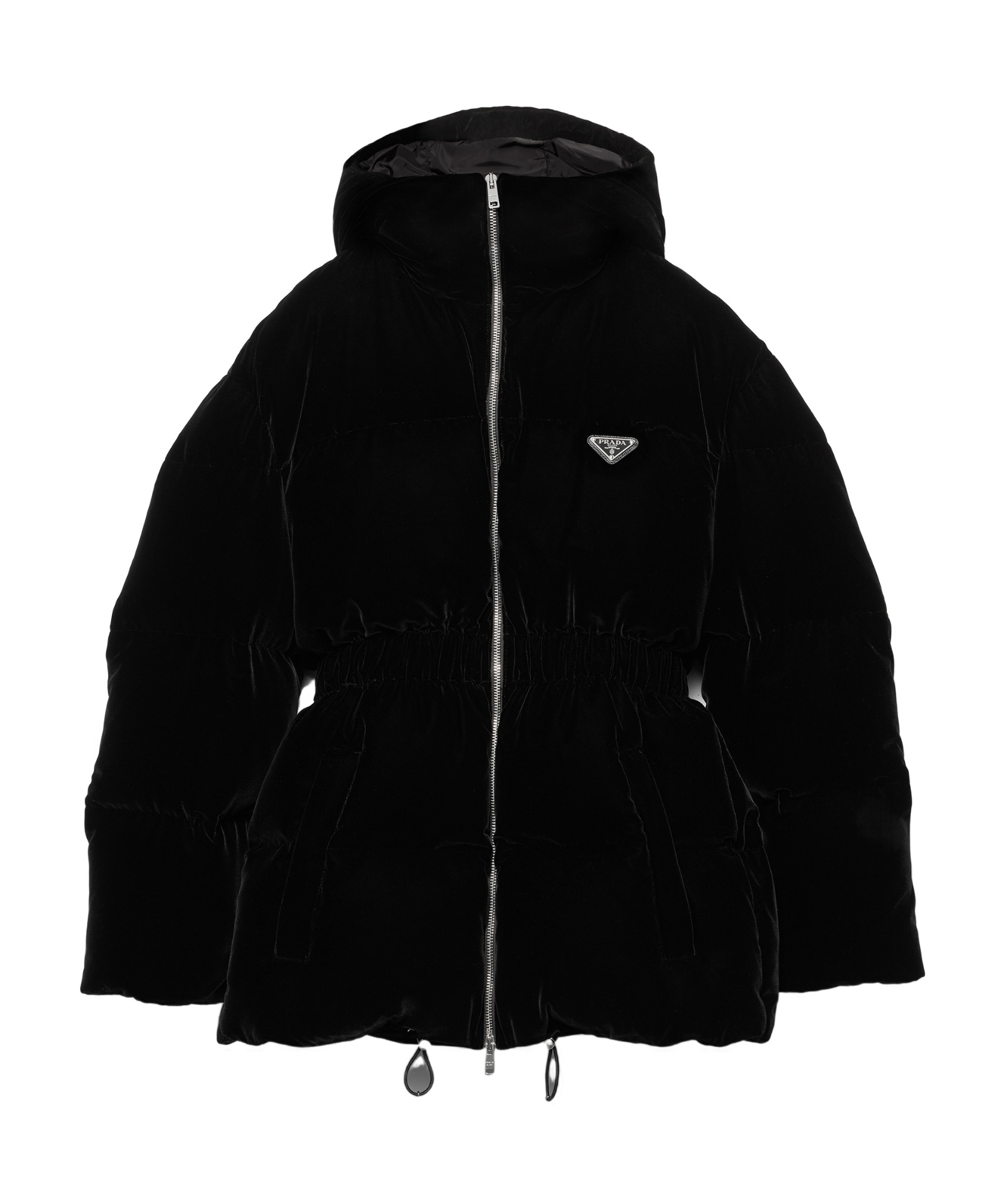 Prada Womens  Logo-badge Padded Velvet Down Jacket In Black