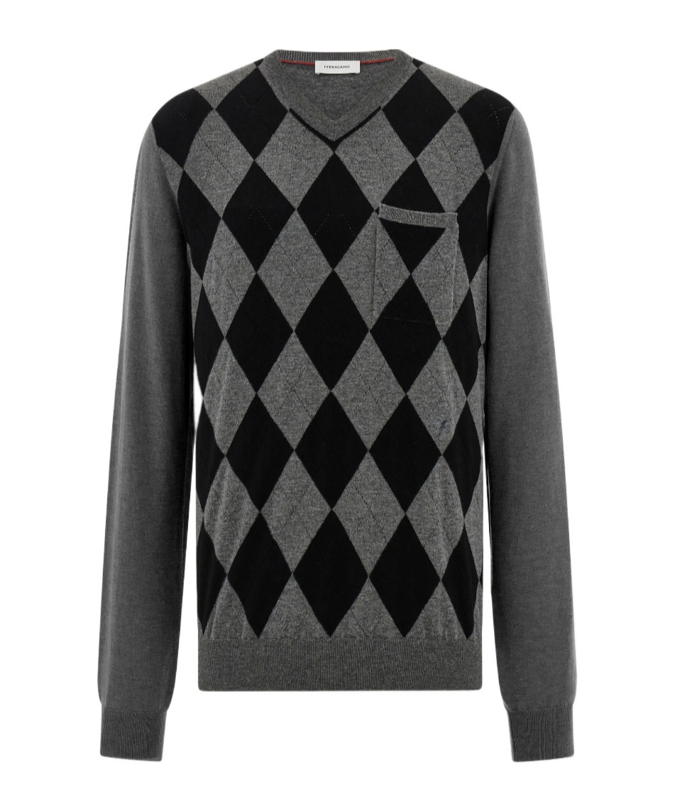 Ferragamo Argyle Pocket V-neck Sweater In Gray