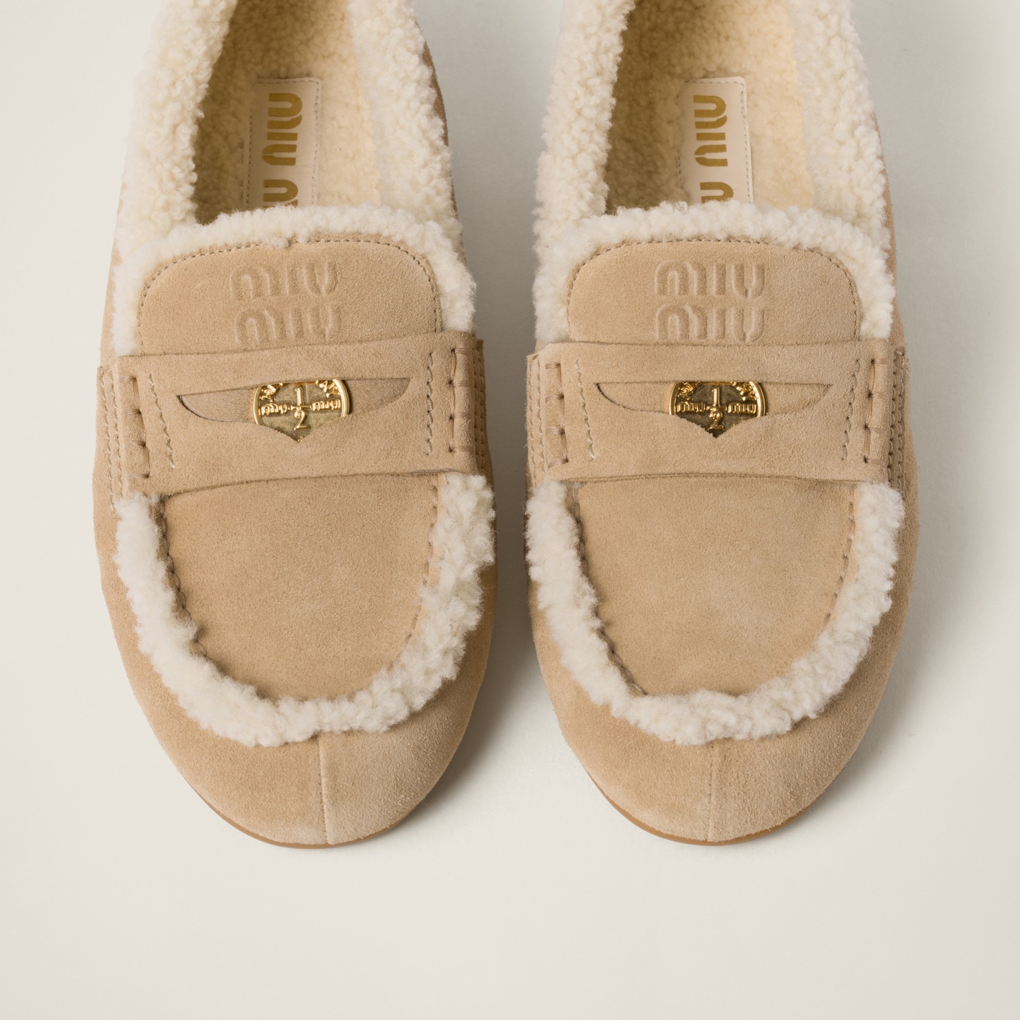 Miu Miu Shearling-lined Suede Driving Shoes In Brown