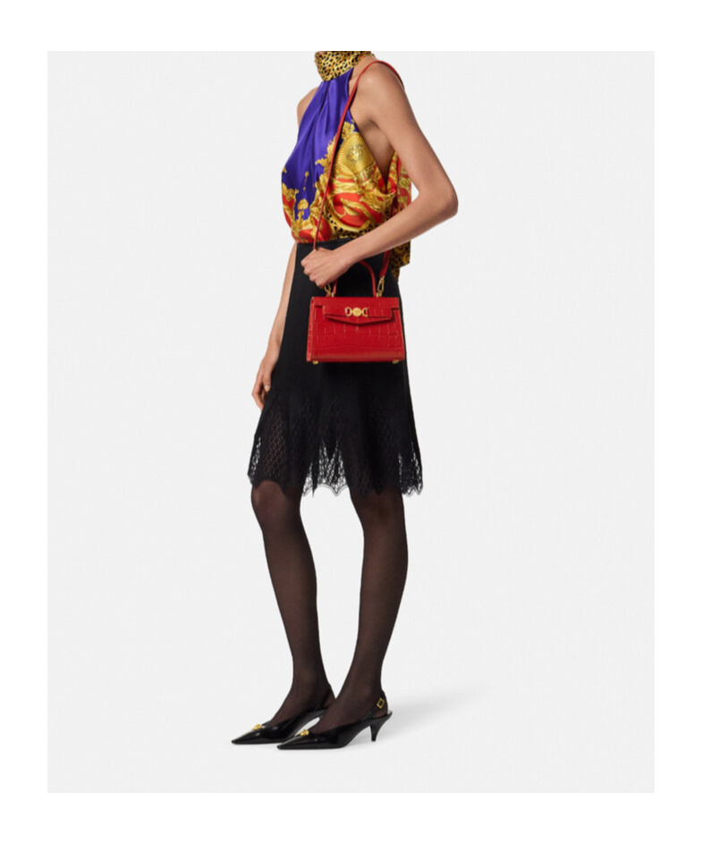 Versace Small Crocodile-embossed Top-handle Bag In Red