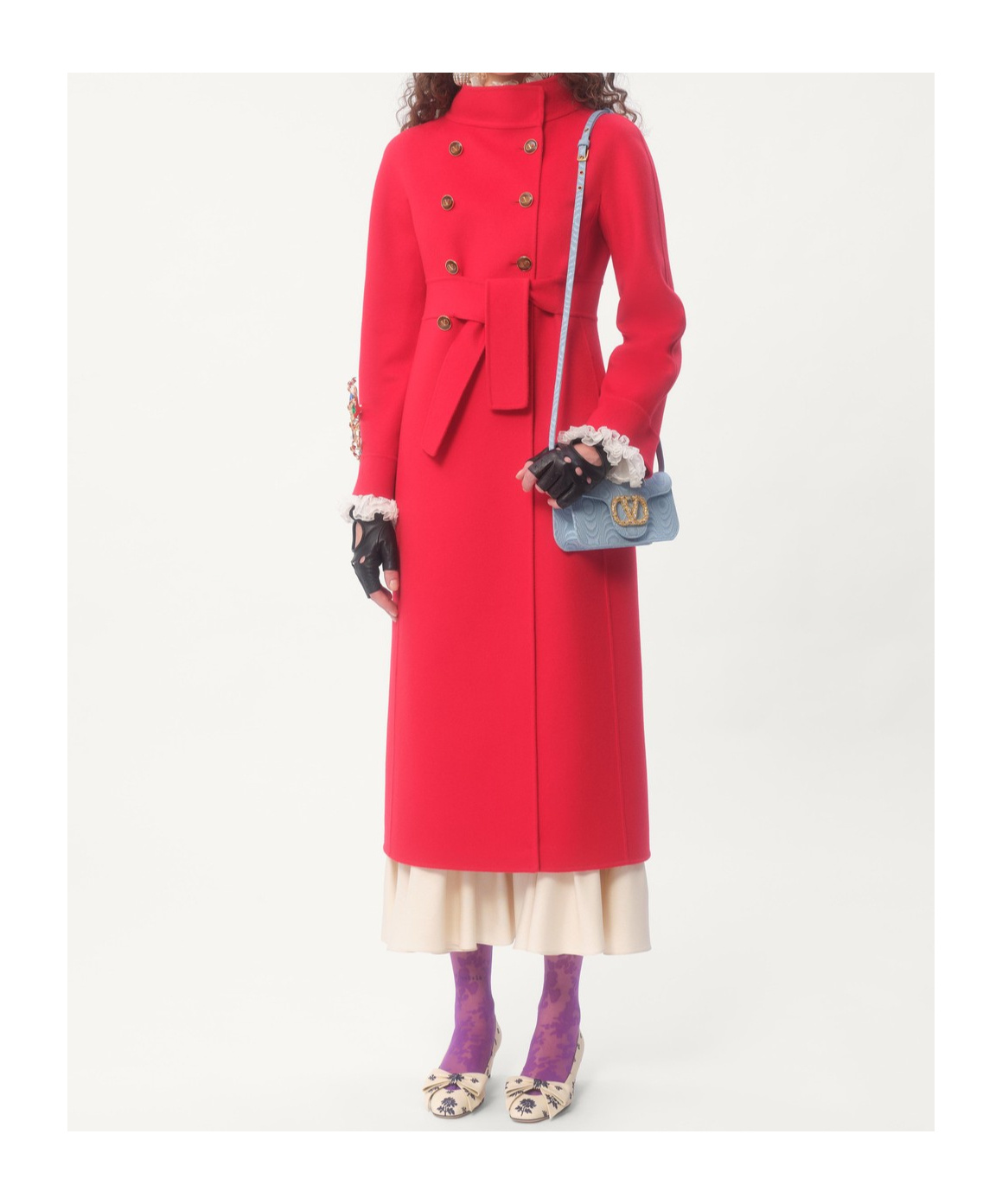Valentino High-neck Double-breast Belted Wool Cashmere Coat In Red