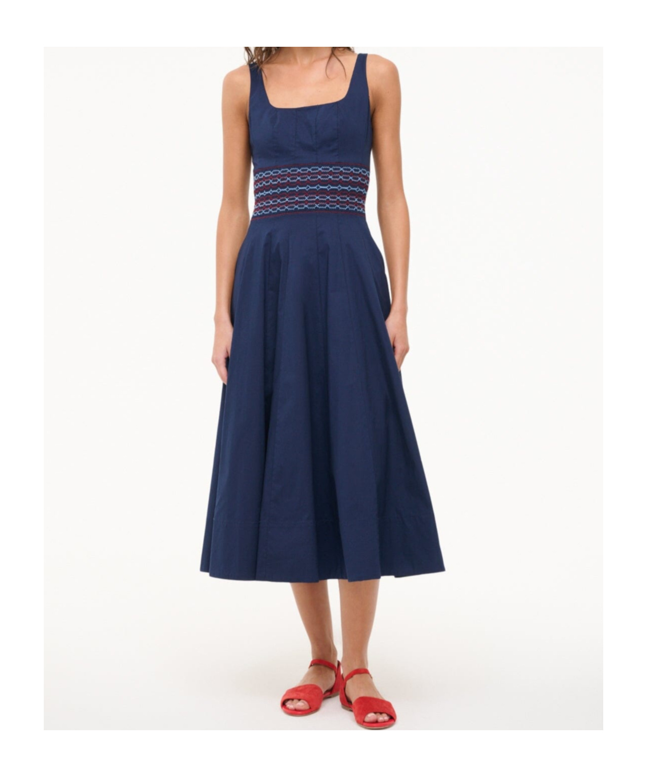 Staud Rig Embroidered Smocked Waist Stretch Cotton Sundress In Blue