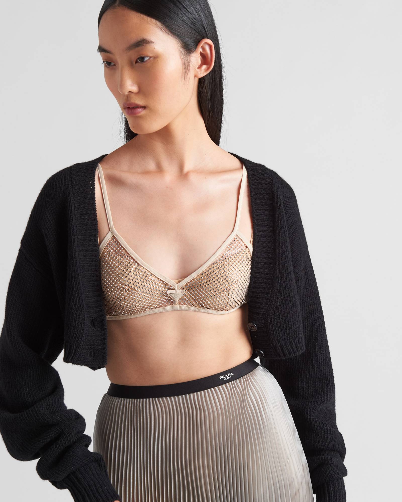 Prada Embroidered Rhinestone Mesh Bra Top In White