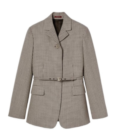Gucci Gingham Wool Jacket With Belt In Gray