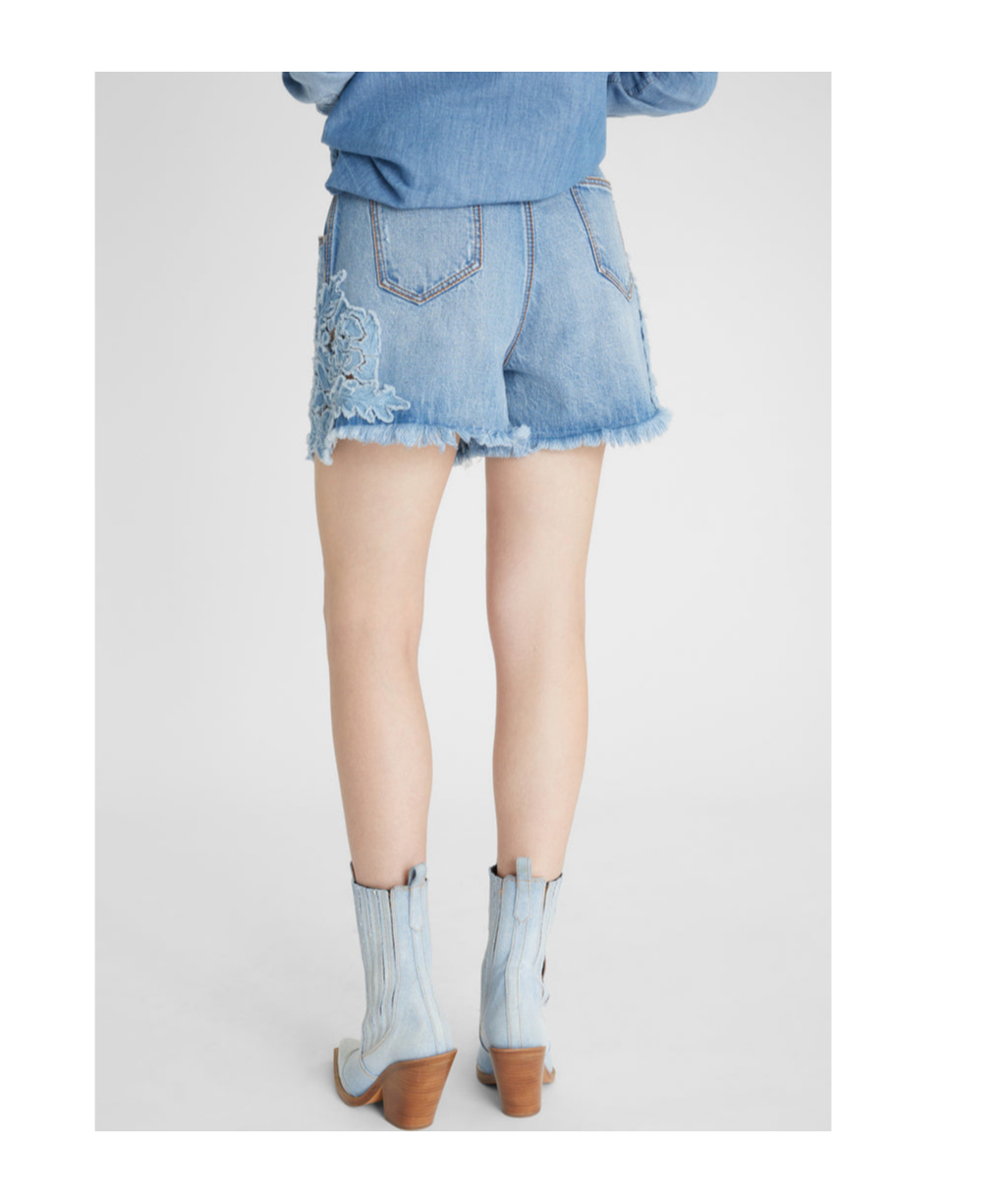 Shop Ermanno Scervino Lace Panelled Denim Shorts In Blue