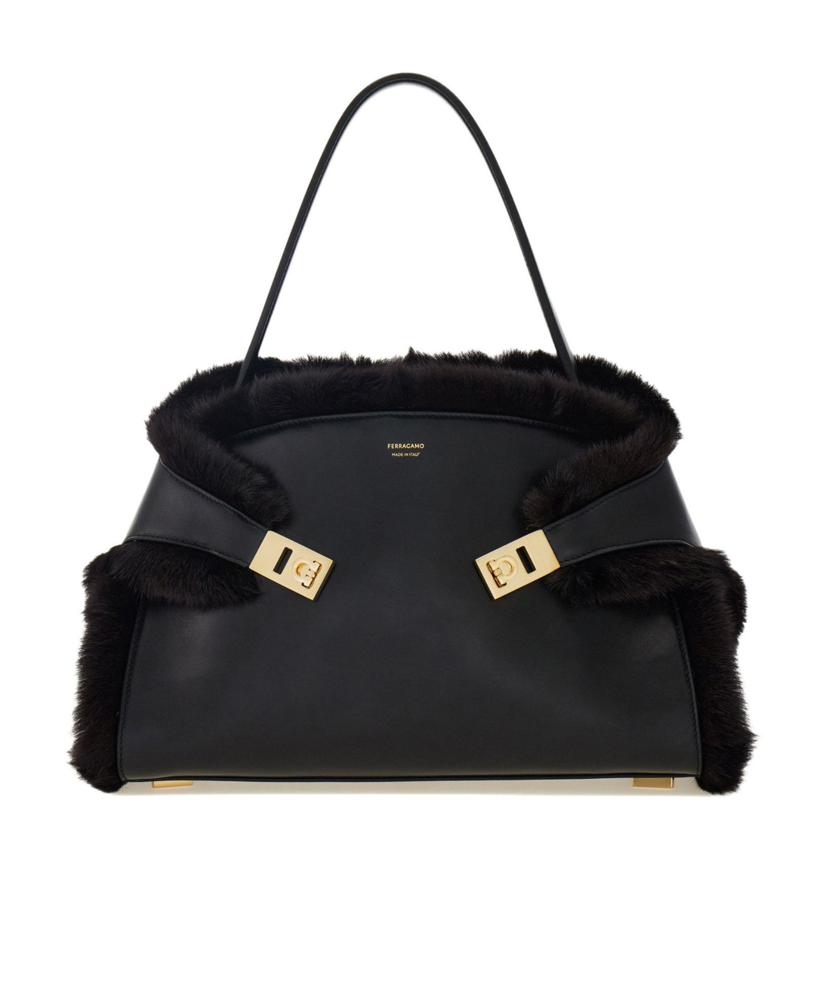 Ferragamo Hug Shearling-trimmed Leather Shoulder Bag In Black