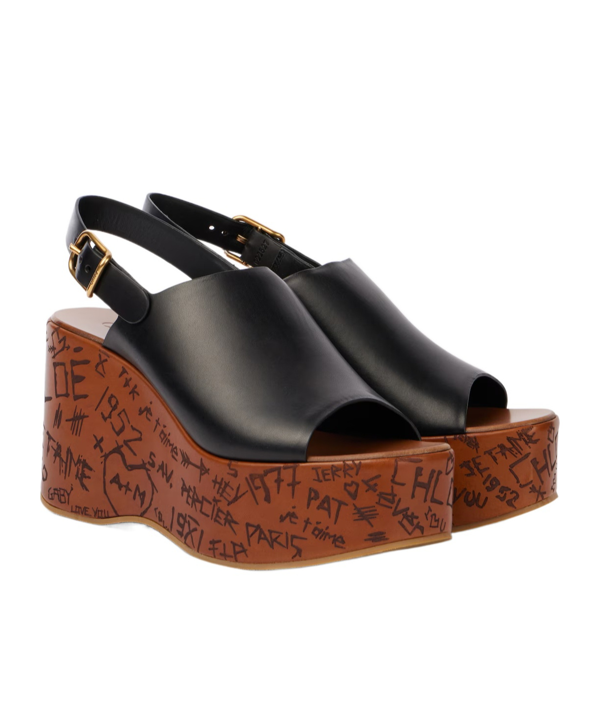 Chloé Maxime Black Wedge With Engraved Written Decorations And Logo Buckle In Leather Woman