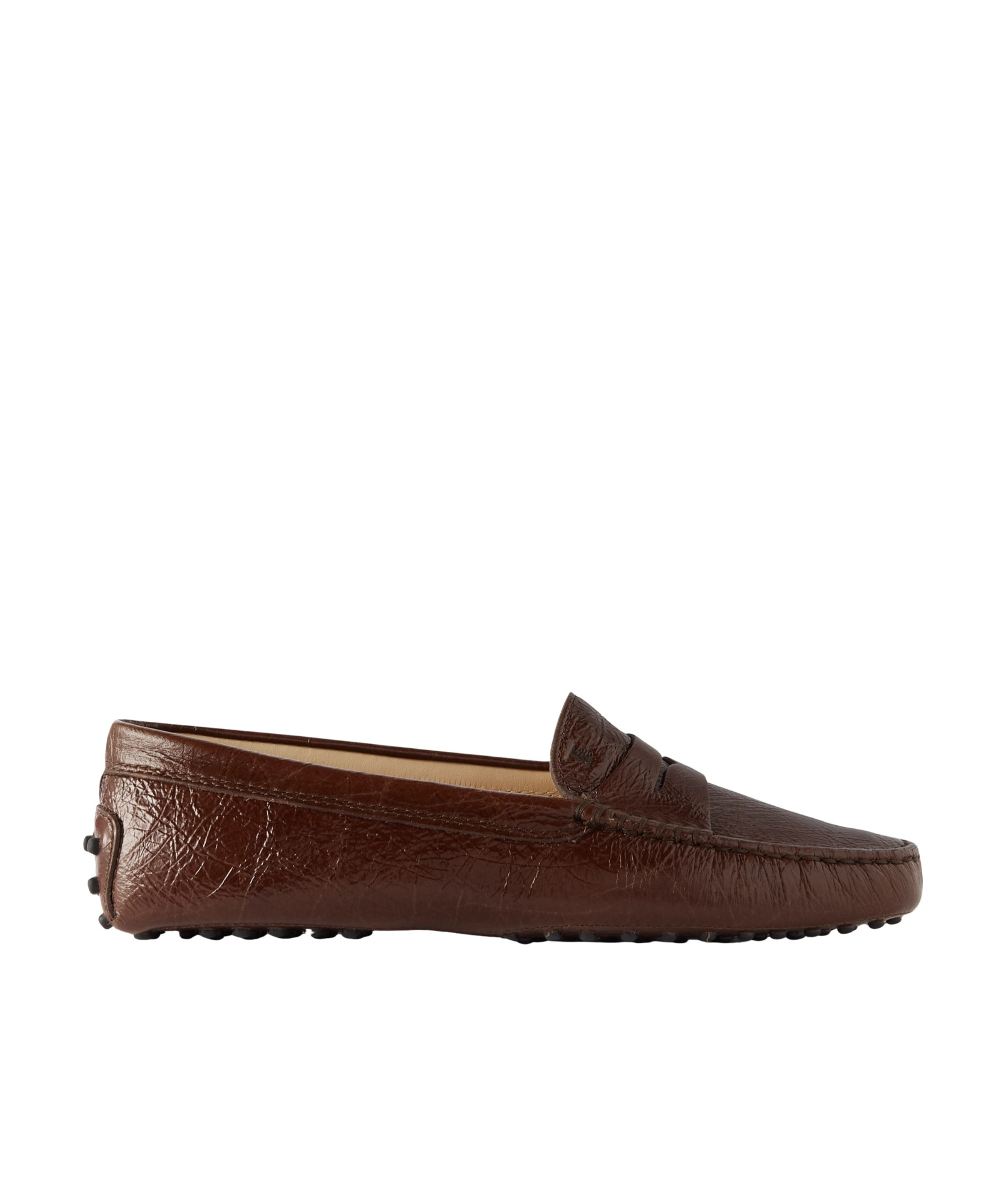 Tod's Gommino Crinkled Glossed-leather Loafers In Brown