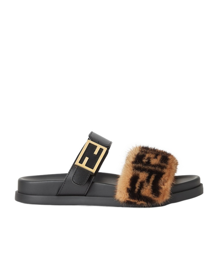 Fendi Black Leather And Mink Ff Slides In Black