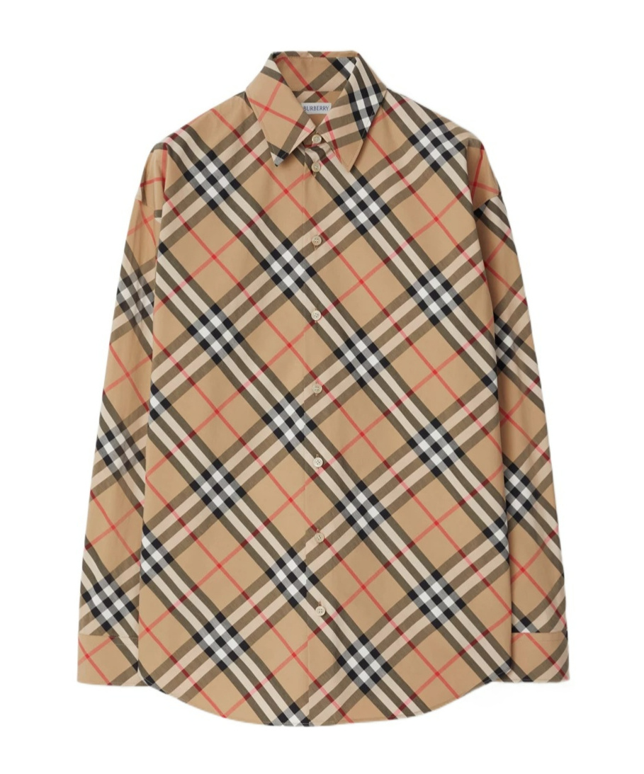Burberry Beige Shirt With Classic Collar And All-over Check Motif In Cotton Woman In Nude