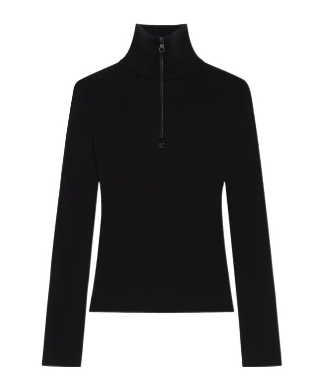 Courrèges Merino Wool Zip Mock Neck Sweater In Black