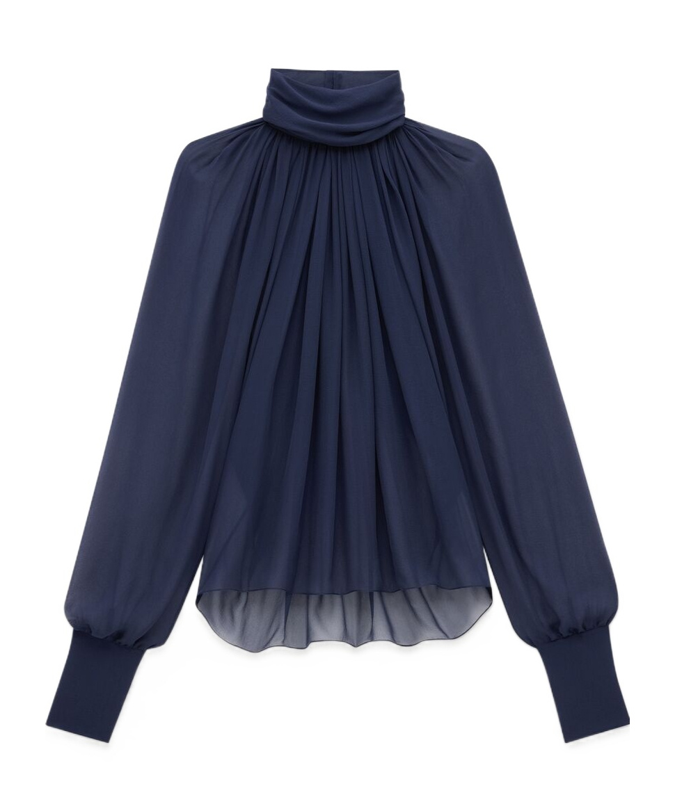 Saint Laurent Turtleneck Blouse In Silk Muslin In Blue
