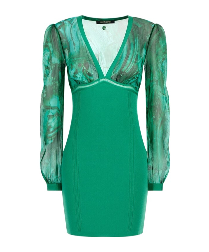 Roberto Cavalli V-neckline Fitted Silhouette Mini Length Sheer Long Sleeves In Green