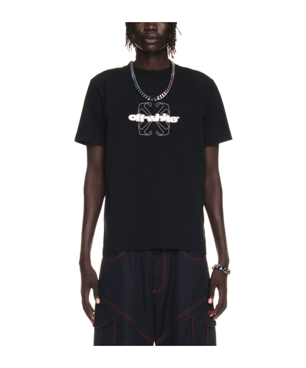 Off-white 'spray Arrow' Black Crewneck T-shirt With Logo Lettering On The Front And Maxi Logo Print On The Rea In Black