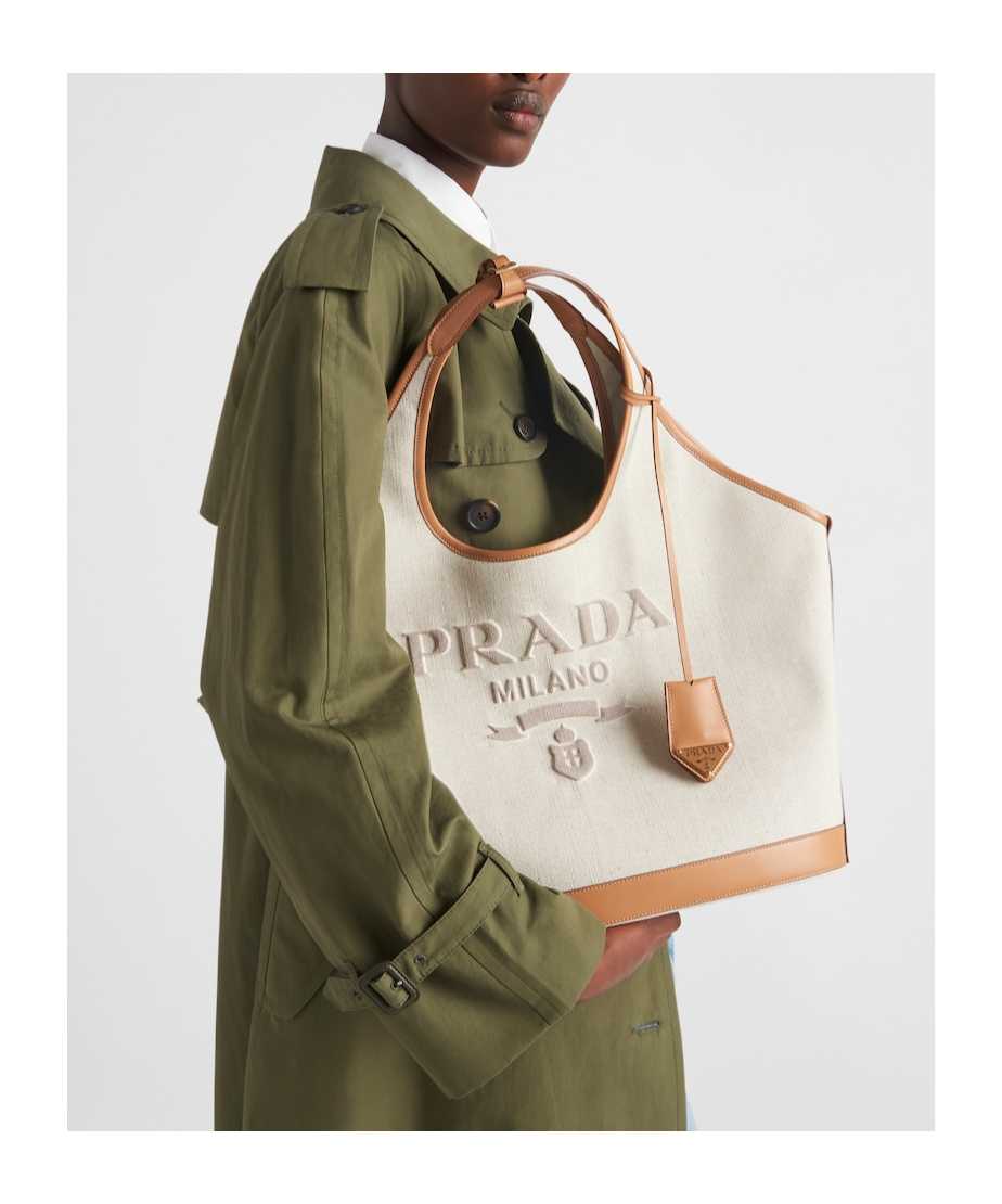 Prada Large Linen Blend And Leather Tote Bag In Neutral Color