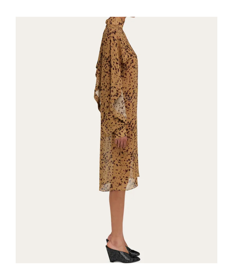 Ferragamo Orchid Print Silk Cape Midi Dress In Brown